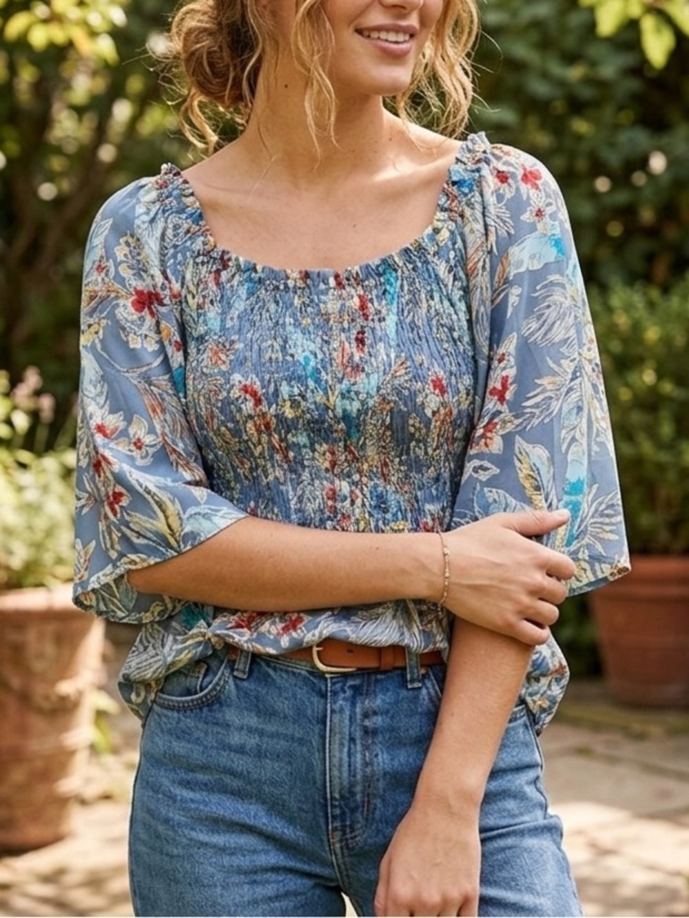 Host Pick Chenault Blue Floral Tropical Blouse